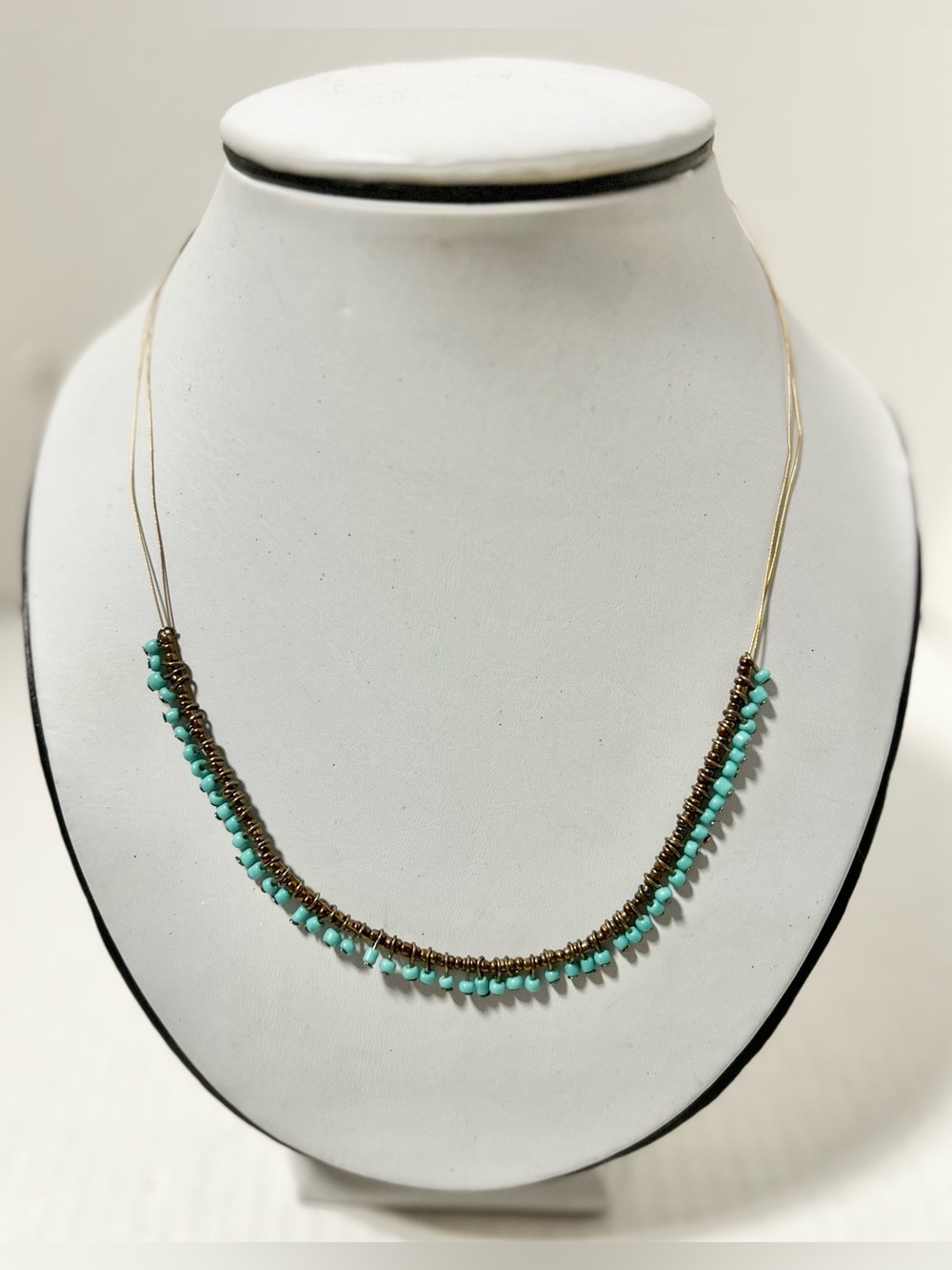 Delicate Handmade Turquoise Beads Metal Accents on Thin Gold-tone Wire Necklace
